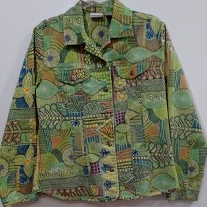 Chico's sz1(med) green abstract button up denim twill jacket